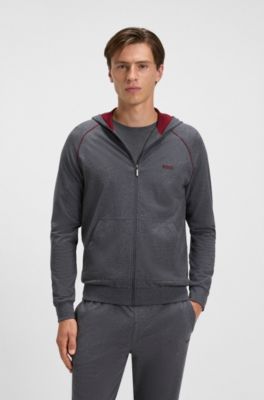 Sweat &agrave; capuche zipp&eacute; en coton stretch avec passepoil contrastant, Gris sombre