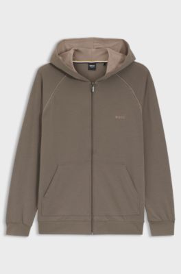Zip-up hoodie in stretch cotton with embroidered logo, Brown