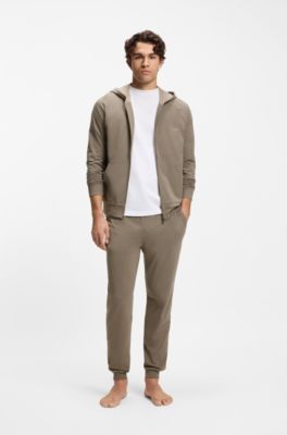 Zip-up hoodie in stretch cotton with embroidered logo, Brown