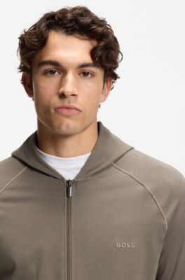 Zip-up hoodie in stretch cotton with embroidered logo, Brown