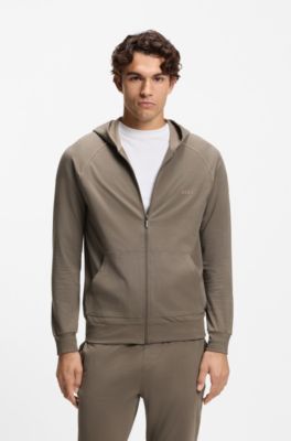 Zip-up hoodie in stretch cotton with embroidered logo, Brown
