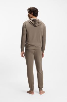 Zip-up hoodie in stretch cotton with embroidered logo, Brown