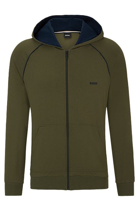 Zip-up hoodie in stretch cotton with contrast logo, Dark Green
