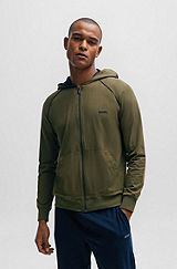 Zip-up hoodie in stretch cotton with contrast logo, Dark Green