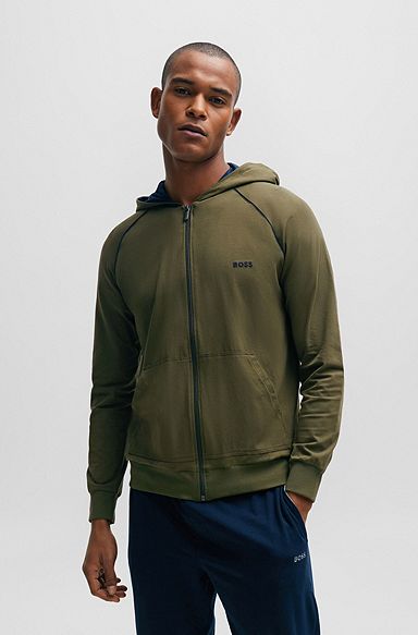 Zip-up hoodie in stretch cotton with embroidered logo, Dark Green