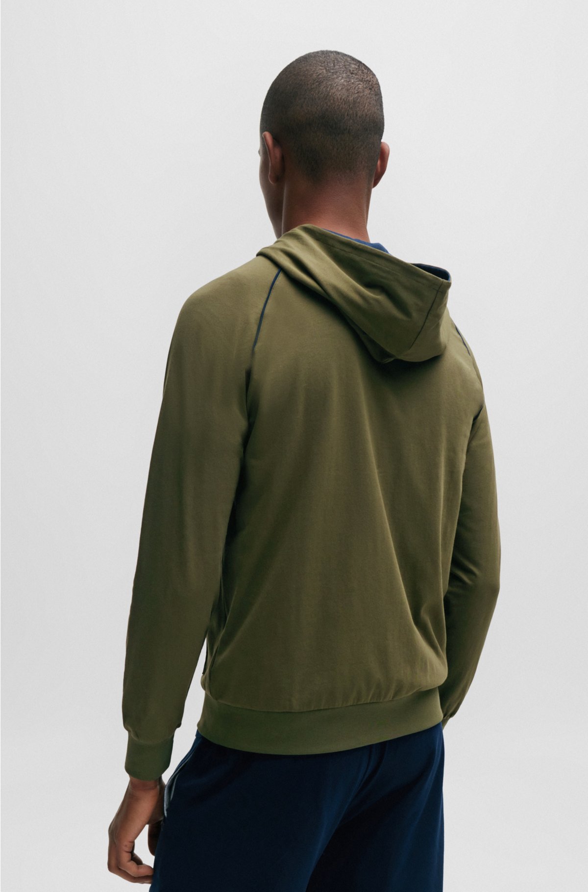 Zip-up hoodie in stretch cotton with embroidered logo, Dark Green
