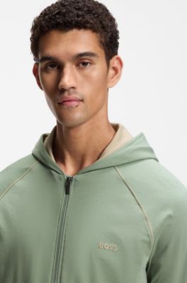 Zip-up hoodie in stretch cotton with embroidered logo, Light Green