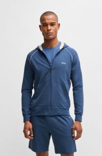 Felpa con cappuccio e zip in cotone elasticizzato con logo ricamato , Blu