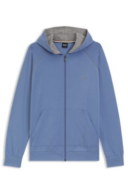 Zip-up hoodie in stretch cotton with embroidered logo, Blue