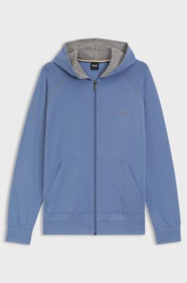 Hoodie van stretchkatoen met rits en contrastbiezen, Blauw