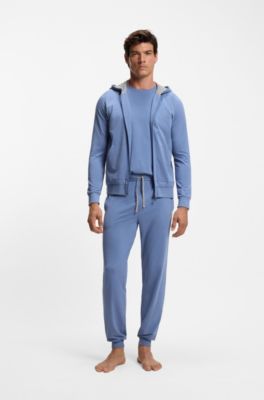 Zip-up hoodie in stretch cotton with embroidered logo, Blue