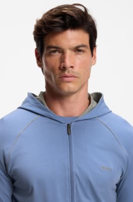 Zip-up hoodie in stretch cotton with embroidered logo, Blue