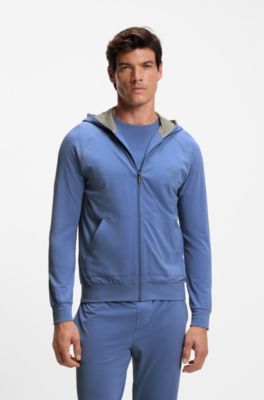 Felpa con cappuccio in cotone elasticizzato con zip e dettagli a contrasto, Blu