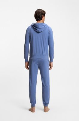 Zip-up hoodie in stretch cotton with embroidered logo, Blue