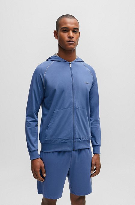 Zip-up hoodie in stretch cotton with embroidered logo, Blue
