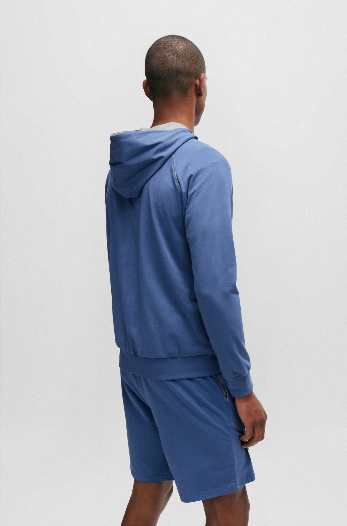 Zip-up hoodie in stretch cotton with embroidered logo, Blue