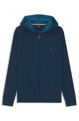 Zip-up hoodie in stretch cotton with embroidered logo, Blue