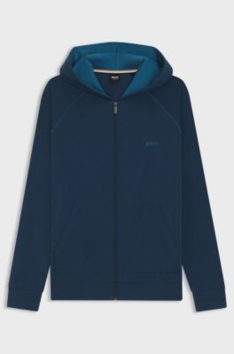 Zip-up hoodie in stretch cotton with embroidered logo, Blue