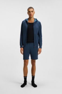 Hoodie van stretchkatoen met rits en contrastbiezen, Blauw