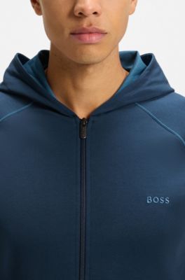 Zip-up hoodie in stretch cotton with embroidered logo, Blue