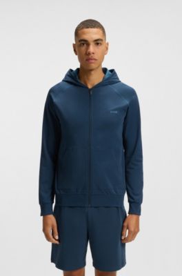 Hoodie van stretchkatoen met rits en contrastbiezen, Blauw