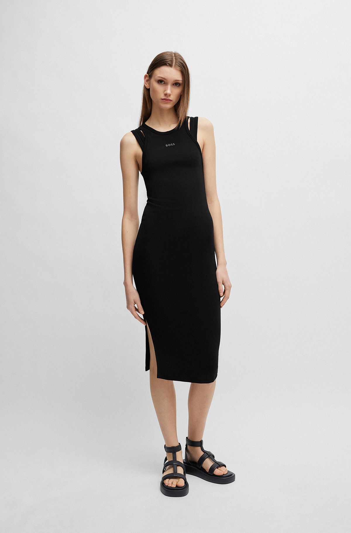Stretch-cotton bodycon dress with cut-out details, Black