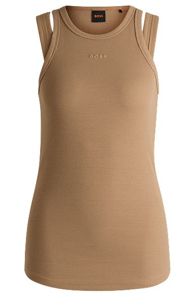 Stretch-cotton vest top with logo detail, Light Brown
