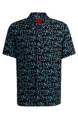 Relaxed-fit overhemd met korte mouwen en seizoensprint, Zwart met dessin