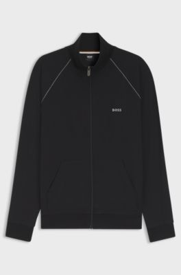Stretch-cotton zip-up jacket with embroidered logo, Black