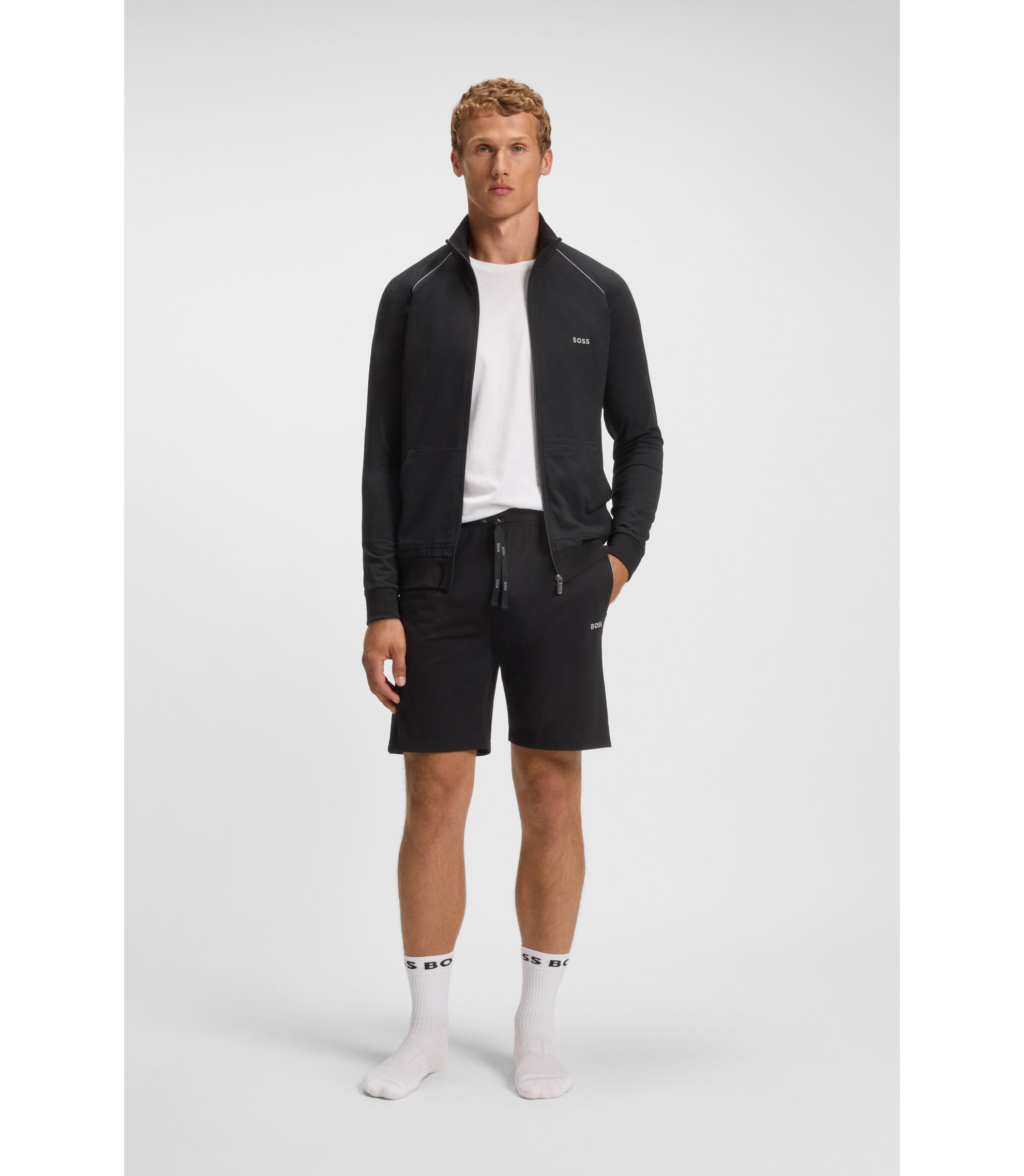 BOSS - Stretch-cotton zip-up jacket with embroidered logo - Black