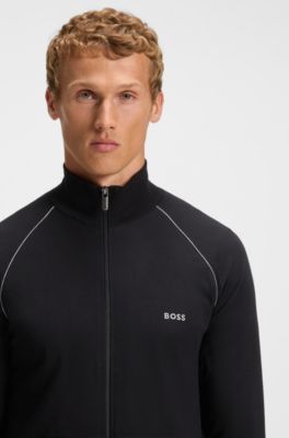 Stretch-cotton zip-up jacket with embroidered logo, Black