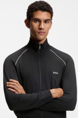 Stretch-cotton zip-up jacket with embroidered logo, Black