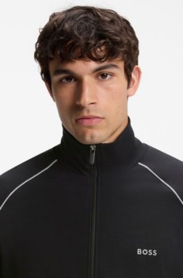 Stretch-cotton zip-up jacket with embroidered logo, Black
