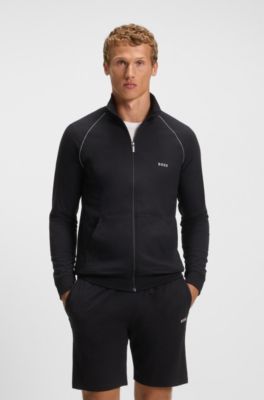 Stretch-cotton zip-up jacket with embroidered logo, Black