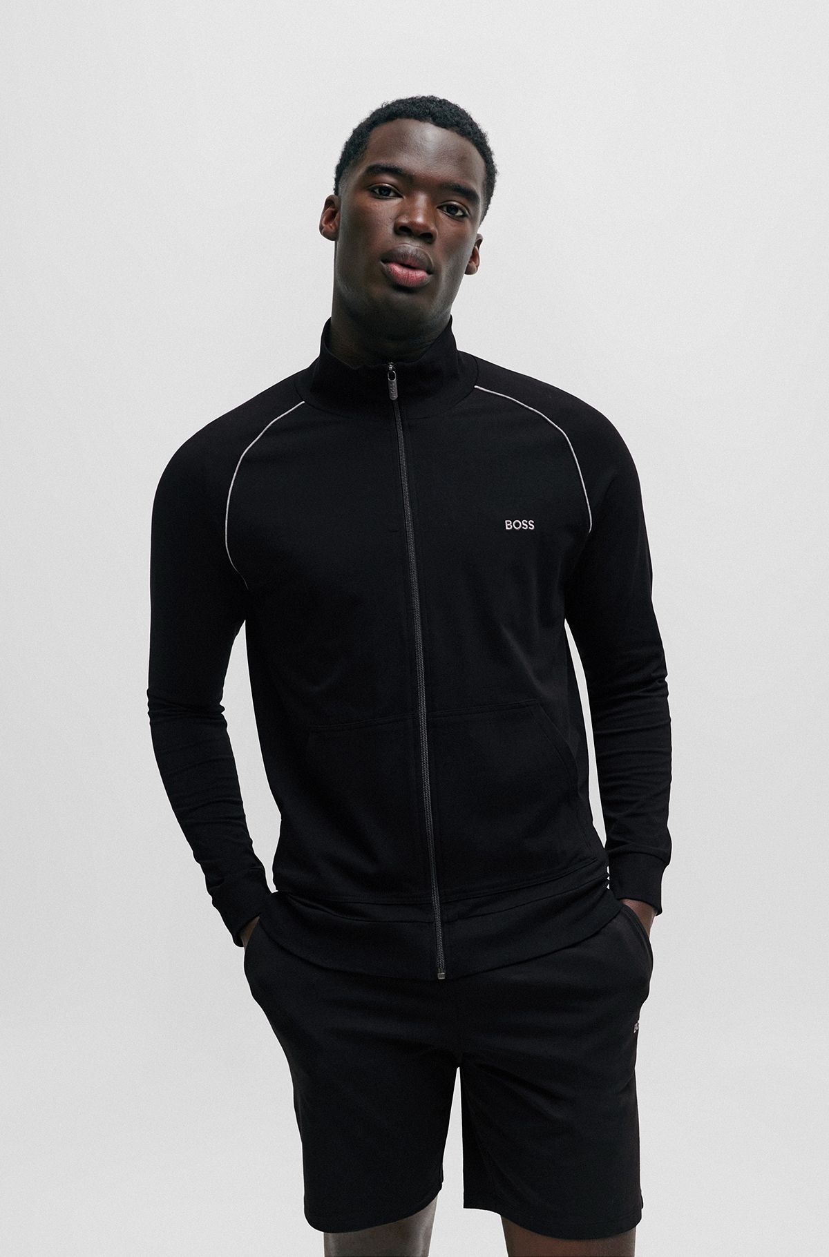 Stretch-cotton zip-up jacket with logo detail, Black