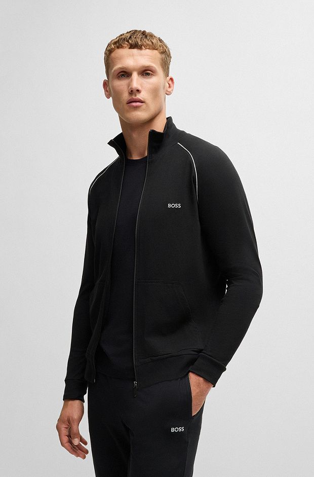 Stretch-cotton jacket with embroidered logo, Black