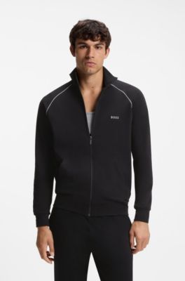 Stretch-cotton zip-up jacket with embroidered logo, Black