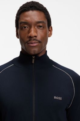 Veste zipp&eacute;e en coton stretch avec logo brod&eacute;, Bleu fonc&eacute;