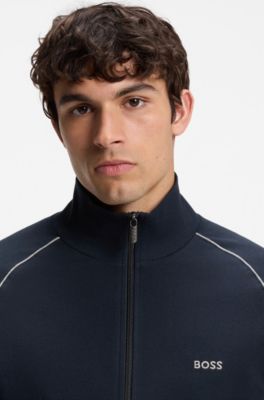 Stretch-cotton zip-up jacket with embroidered logo, Dark Blue