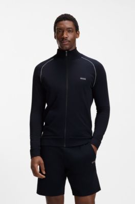 Stretch-cotton zip-up jacket with embroidered logo, Dark Blue