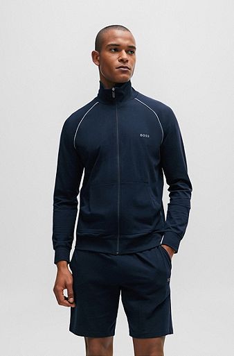 Stretch-cotton zip-up jacket with logo detail, Dark Blue