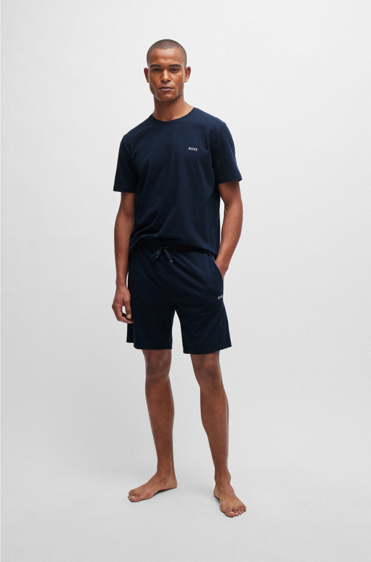 Stretch-cotton regular-fit shorts with logo detail, Dark Blue