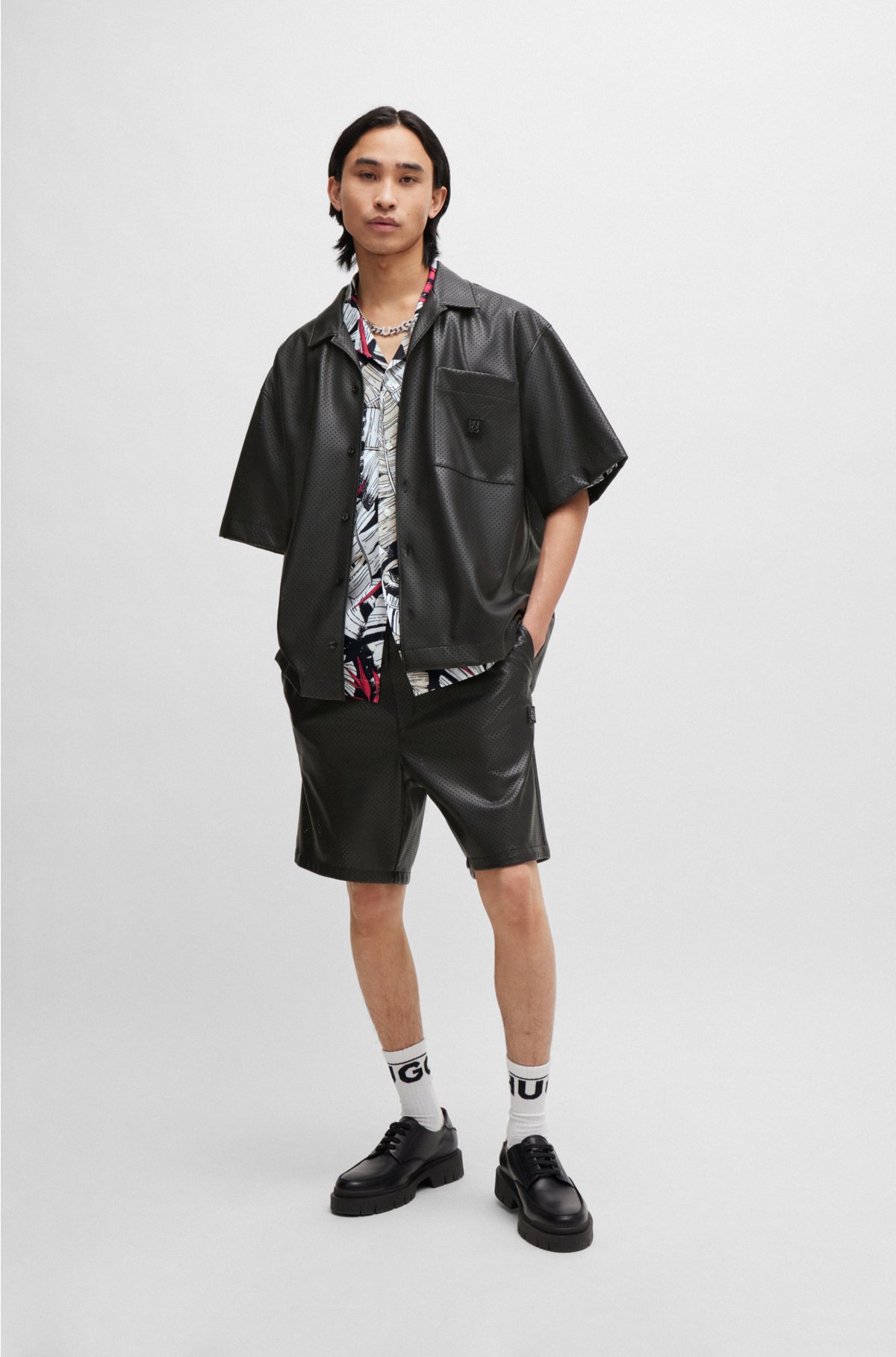 Perforated faux-leather shorts with stacked logo, Black