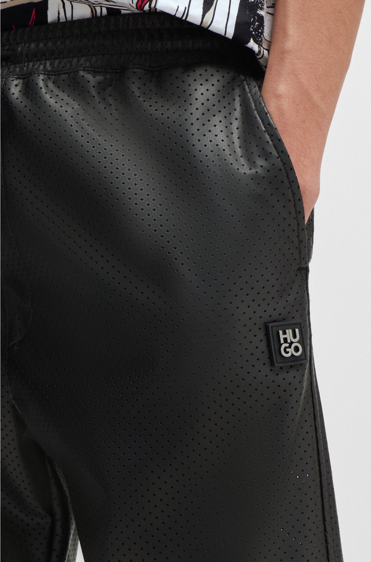 Perforated faux-leather shorts with stacked logo, Black
