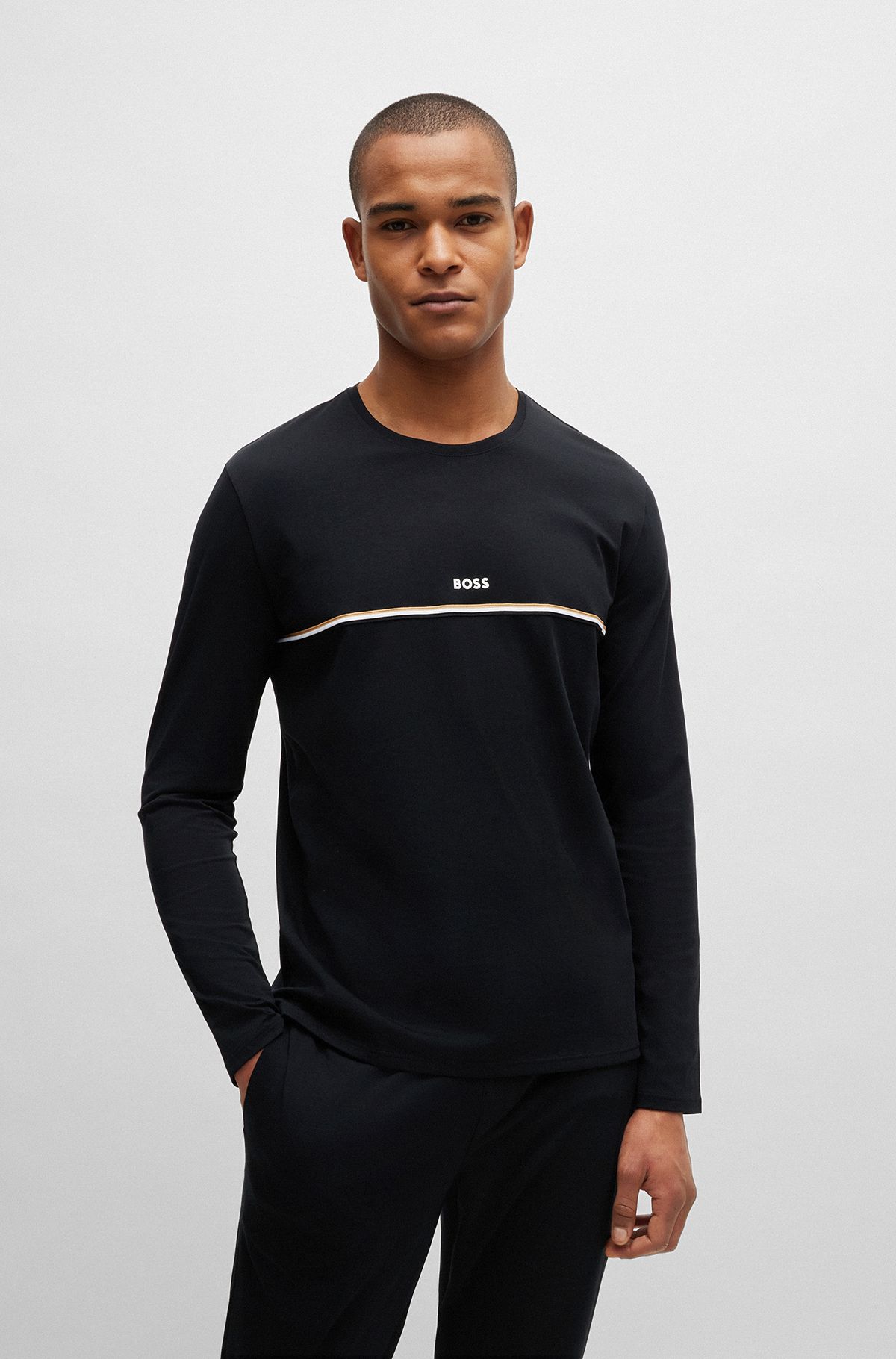 Long-sleeved pyjama T-shirt with signature stripe and logo, Black