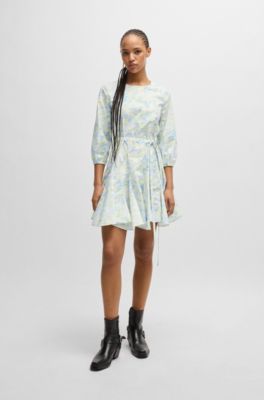 HUGO - Printed-cotton dress with voluminous skirt and logo trim