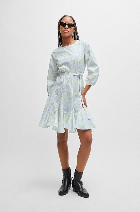 Printed-cotton dress with voluminous skirt and logo trim, Patterned