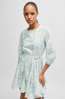 HUGO - Printed-cotton dress with voluminous skirt and logo trim