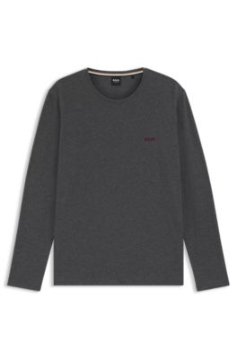Long-sleeved T-shirt in stretch cotton with embroidered logo, Dark Grey