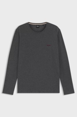 Maglia a maniche lunghe in cotone elasticizzato con logo ricamato, Grigio scuro